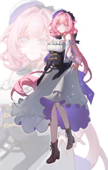 1girl bare_shoulders black_boots blue_eyes boots breasts chinese_commentary commentary_request dress elf elysia_(honkai_impact) elysia_(sweet_memories)_(honkai_impact) full_body hat highres honkai_(series) honkai_impact_3rd long_hair looking_at_viewer medium_breasts official_alternate_costume pink_hair pointy_ears seawave02974 smile solo very_long_hair white_dress white_hat zoom_layer