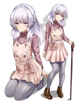 1girl artist_request cane highres holding holding_cane kneeling pantyhose purple_eyes sakayanagi_arisu smile solo white_background white_hair youkoso_jitsuryoku_shijou_shugi_no_kyoushitsu_e