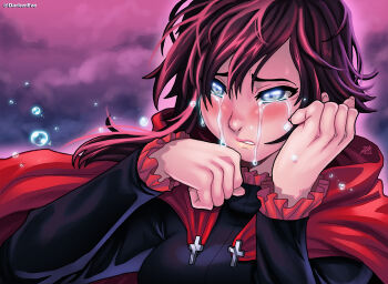 1girl black_hair breasts crying darkereve grey_eyes hood large_breasts parted_lips red_hair ruby_rose rwby short_hair solo tears
