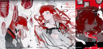 Rule 34 | 3girls, absurdres, animal, black bow, blunt bangs, bow, commission, crying, crying with eyes open, cup, drinking glass, eating, food, gem, gloves, grey eyes, hair ornament, highres, holding, holding cup, izumi 087, jewelry, long hair, long sleeves, looking at viewer, meat, mihuashi commission, multiple girls, necklace, original, parted lips, picture frame, pointy ears, raw meat, red gem, red gloves, red hair, sample watermark, snake, tears, tongue, tongue out, upper body, watermark, wide-eyed, wine glass