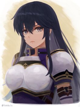 1girl armor ayra_(fire_emblem) black_hair breastplate breasts closed_mouth commentary_request earrings fire_emblem fire_emblem:_genealogy_of_the_holy_war highres jewelry labebebe_lee large_breasts long_hair looking_at_viewer medium_breasts nintendo portrait purple_eyes short_sleeves shoulder_armor sidelocks simple_background solo twitter_username two-tone_background upper_body very_long_hair white_background yellow_background