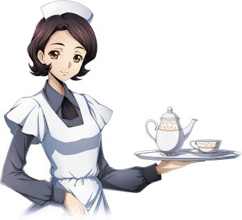 1girl artist_request ascot black_ascot breasts brown_hair closed_mouth code_geass code_geass:_lost_stories collared_shirt cropped_torso cup dress female_focus game_cg grey_shirt hand_up happy holding holding_tray layered_sleeves long_sleeves looking_at_viewer maid maid_headdress non-web_source official_art orange_eyes plate saucer shinozaki_sayoko shirt short_hair short_over_long_sleeves short_sleeves sidelocks simple_background small_breasts smile solo standing teacup teapot transparent_background tray upper_body white_dress