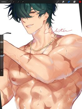 Rule 34 | 1boy, art program in frame, brown eyes, character name, commentary, green hair, highres, jewelry, lighter (zenless zone zero), looking at viewer, male focus, multiple scars, necklace, nipples, nude, pectorals, rourouki, scar, scar on arm, scar on chest, short hair, simple background, solo, sweat, teeth, toned, toned male, upper body, white background, zenless zone zero