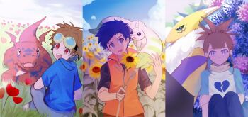 black_sclera blue_eyes brown_hair colored_sclera digimon digimon_(creature) digimon_tamers fox_girl furry furry_female guilmon hair_ornament hairpin highres kiooooomi lee_jianliang long_hair makino_ruki matsuda_takato ponytail purple_eyes renamon terriermon zero_unit