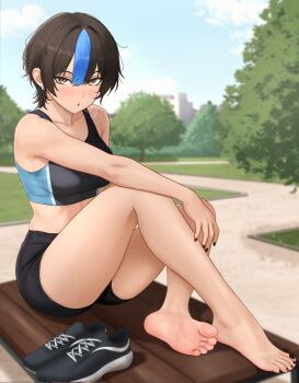 1girl barefoot black_hair brown_eyes feet highres light_blush looking_at_viewer medium_hair multicolored_hair nihu original parted_lips shoes soles sportswear steam streaked_hair sweat toes unworn_shoes