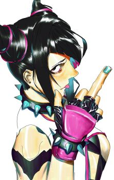 1girl :p aqua_nails black_hair bracelet breasts closed_mouth collar commentary_request fingerless_gloves from_above from_side gloves hair_horns han_juri highres jewelry looking_at_viewer medium_breasts middle_finger nail_polish portrait shirt short_hair simple_background sleeveless sleeveless_shirt solo spiked_bracelet spiked_collar spikes storyteller777 street_fighter street_fighter_6 tongue tongue_out white_background