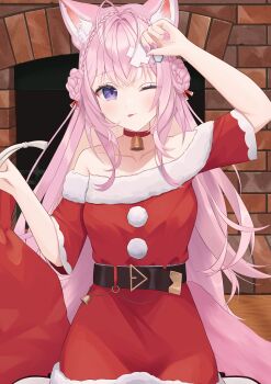 1girl :p absurdres animal_ear_fluff animal_ears bare_shoulders bell belt black_belt braid braided_bun breasts chemical_structure christmas collarbone commentary_request dot_nose dress fur-trimmed_dress fur_trim hair_bun hair_ornament hakui_koyori hexagon_hair_ornament highres hololive indoors large_breasts long_hair looking_at_viewer nail_polish one_eye_closed pink_hair pink_nails pom_pom_(clothes) purple_eyes santa_costume santa_dress serin_(zersk_04) short_sleeves tail tongue tongue_out virtual_youtuber wolf_ears wolf_girl wolf_tail x_hair_ornament