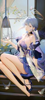 1girl absurdres bare_shoulders bird bird_on_hand blue_hair breasts choker closed_mouth detached_sleeves dress gloves gradient_wings green_eyes halo hand_rest head_wings highres honkai:_star_rail honkai_(series) house_sparrow indoors jewel_under_eye jing_dian_da_mo_dao legs_together legs_up looking_at_viewer medium_breasts multicolored_wings purple_choker purple_dress purple_sleeves robin_(honkai:_star_rail) single_glove sitting solo sparrow strapless strapless_dress two-tone_dress white_bird white_dress white_gloves white_wings wings