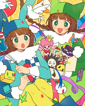 2boys 3girls balloon bemani bird blue_hat blue_shirt boxies braid brown_hair confetti crown dot_nose dove eccnock_girl green_eyes green_hat green_shirt hat holding holding_balloon humanization jester_cap kanta_(pop'n_music) long_sleeves mimi_(pop'n_music) multiple_boys multiple_girls nana_(pop'n_music) nyami_(pop'n_music) open_mouth pelo_(pop'n_music) pikara poodle pop'n_music pop'n_music_13_carnival shirt twin_braids white-merry
