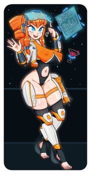 1girl ada_(rukisan) alcohol armor black_thighhighs blue_eyes blush breasts bridal_gauntlets cherry clothing_cutout cocktail cocktail_glass covered_erect_nipples cup drill_hair drill_ponytail drink drinking_glass energy_gun eyewear_on_head food fruit goggles goggles_on_head gun hair_tubes headset high_ponytail highleg highleg_leotard holster index_finger_raised jacket large_breasts leotard long_hair navel navel_cutout open_clothes open_jacket open_mouth orange_hair orange_leotard original ponytail ray_gun rukisan(pixiv) shin_guards short_sleeves sidelocks smile space standing star_(sky) teeth thick_thighs thigh_holster thigh_strap thighhighs thighs toeless_legwear toeless_thighhighs touchscreen weapon white_armor white_jacket wide_hips wrist_guards