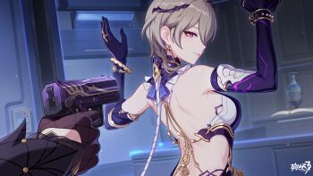 Rule 34 | 2girls, aiming, backless dress, backless outfit, breasts, brown hair, chinese commentary, commentary request, copyright logo, dress, durandal (honkai impact), durandal (nibelungen traumlied) (honkai impact), elbow gloves, game cg, gloves, gun, hands up, highres, holding, holding gun, holding weapon, honkai (series), honkai impact 3rd, jar, logo, medium breasts, mole, mole under eye, multiple girls, official alternate costume, official art, purple dress, purple eyes, purple gloves, rita rossweisse, rita rossweisse (miss espionage), short hair, weapon