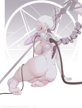 1girl ass back barefoot breasts eyeliner highres holding holding_scythe holding_weapon large_breasts looking_at_viewer makeup mecha_musume mechanical_spine original plug purple_eyes scythe short_hair sitting solo suerte weapon white_hair yokozuwari