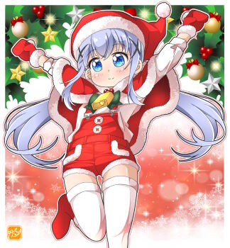 Rule 34 | 1girl, arms up, bell, blue eyes, blue hair, capelet, christmas, closed mouth, commentary request, cowbell, fur-trimmed capelet, fur-trimmed headwear, fur-trimmed mittens, fur-trimmed shorts, fur trim, gochuumon wa usagi desu ka?, hair ornament, hat, highres, kafuu chino, long hair, long sleeves, looking at viewer, mittens, neck bell, overall shorts, overalls, pom pom hat ornament, red capelet, red hat, red mittens, red overalls, red shoes, red shorts, santa costume, santa hat, shirt, shoes, shorts, smile, solo, takecho, thighhighs, twintails, white shirt, white thighhighs, x hair ornament