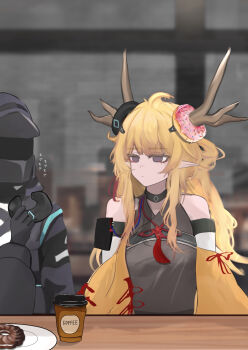 1girl absurdres antlers arknights black_gloves blonde_hair commentary_request cup disposable_coffee_cup disposable_cup doctor_(arknights) donut empty_eyes food gloves highres hood hooded_coat horns leizi_(arknights) leizi_the_thunderbringer_(arknights) long_hair mebe_(teadia_violet) pointy_ears purple_eyes unamused