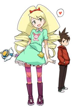 1boy 1girl blonde_hair brown_hair commentary_request cosplay dress drill_hair fake_horns geo_stelar_(mega_man) green_dress green_eyes heriyama holding holding_wand hood hoodie horns long_hair luna_platz_(mega_man) marco_diaz marco_diaz_(cosplay) mega_man_(series) mega_man_star_force_(series) open_mouth pantyhose red_hoodie simple_background smile star_butterfly star_butterfly_(cosplay) star_vs_the_forces_of_evil striped_clothes striped_pantyhose twin_drills very_long_hair wand white_background