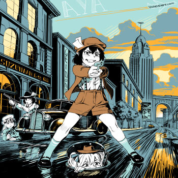 4girls aiming aiming_at_viewer aircraft airplane black_hair blue_background blue_socks bookstore brown_hat brown_jacket brown_shorts building car character_name cloud faux_retro_artstyle gun handgun hat highres himekaidou_hatate hindsart holding holding_gun holding_weapon jacket knees legs_apart looking_at_viewer manhole manhole_cover maribel_hearn mary_janes mini_hat motor_vehicle multiple_girls newsboy_cap on_ground orange_sky peeking peeking_out pointy_ears poster_(object) reflection reflective_pavement road shameimaru_aya shameimaru_aya_(newsboy) shirt shoes shop shorts sidewalk sky skyscraper socks submachine_gun sunset suspenders thompson_submachine_gun touhou tree twintails usami_renko usami_sumireko weapon white_hair white_shirt window yin_yang