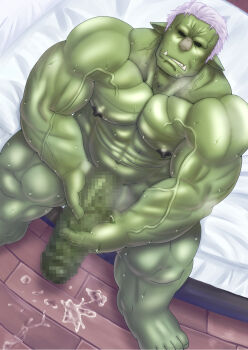 1boy abs bara bed_sheet censored colored_skin completely_nude from_above genta_iwayama girthy_penis goblin green_skin highres huge_penis large_hands large_pectorals male_focus male_masturbation masturbation mature_male monster_boy mosaic_censoring muscular muscular_male navel nipples nude old old_man on_bed paid_reward_available pectorals penis rigurd_(tensura) shaded_face short_hair sitting solo strongman_waist tensei_shitara_slime_datta_ken thick_thighs thighs tusks veins veiny_arms veiny_pectorals white_hair