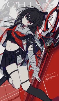 1girl absurdres adapted_costume arm_up bandaged_arm bandages black_hair black_jacket black_serafuku black_shirt black_skirt chisa_(wuthering_waves) closed_mouth grey_sailor_collar hair_ribbon highres holding holding_sword holding_weapon jacket laofagun long_hair looking_at_viewer navel neckerchief red_eyes red_neckerchief red_ribbon ribbon sailor_collar school_uniform serafuku shirt skirt solo stomach sword thigh_strap weapon wuthering_waves