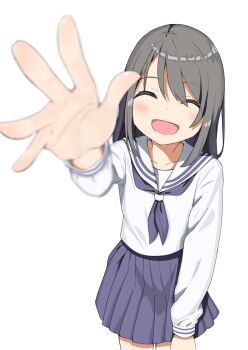 1girl absurdres blue_neckerchief blue_skirt blurry closed_eyes collarbone cowboy_shot depth_of_field dot_nose grey_hair hair_between_eyes highres leaning_forward neckerchief negimiso1989 open_mouth original parted_bangs pleated_skirt reaching reaching_towards_viewer sailor_collar school_uniform serafuku shirt short_hair sidelocks simple_background skirt smile solo white_background white_sailor_collar white_shirt