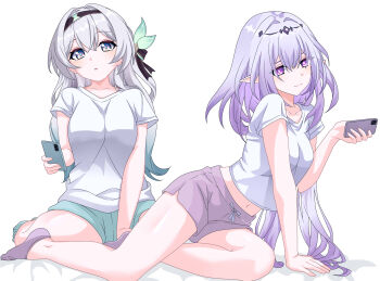 2girls black_hairband blush castorice_(honkai:_star_rail) cellphone closed_mouth firefly_(honkai:_star_rail) gradient_hair green_hair grey_hair hair_between_eyes hair_ornament hairband highres holding holding_phone honkai:_star_rail honkai_(series) looking_at_viewer maxwelzy midriff multicolored_hair multiple_girls navel phone purple_eyes purple_hair shirt short_sleeves simple_background smartphone smile white_background white_shirt