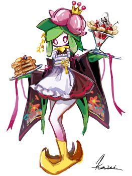 1girl absurdres apron banana banana_slice bright_pupils brown_kimono clothed_pokemon colored_skin crown flower food fruit full_body green_hair green_skin hair_flower hair_ornament highres hisuian_lilligant ice_cream japanese_clothes kairi_151 kimono looking_at_viewer maple_syrup monster_girl multicolored_skin nintendo no_mouth pancake pancake_stack pink_eyes pink_flower pink_ribbon plant_girl pokemon pokemon_(creature) ribbon shoes short_hair simple_background solo standing strawberry sundae white_apron white_background white_pupils white_skin yellow_crown yellow_ribbon yellow_shoes