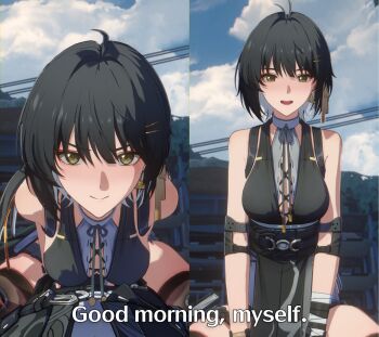 1boy 1girl 3d bare_shoulders black_dress black_hair blue_sky blush breasts cloud colored_inner_hair dress earrings english_text eyeliner female_rover_(wuthering_waves) gloves good_morning_my_brother_(meme) hair_ornament hairclip highres jared_nyts jewelry looking_at_viewer low_ponytail makeup male_rover_(wuthering_waves) medium_breasts multicolored_hair outdoors ponytail rover_(wuthering_waves) scene_reference selfcest sky sleeveless tokidoki_bosotto_roshia-go_de_dereru_tonari_no_alya-san unreal_engine_(medium) v-shaped_eyebrows wuthering_waves yellow_eyes