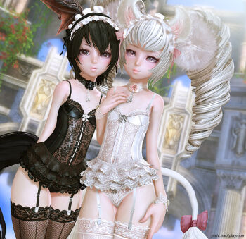 2girls 3d animal_ears arms_behind_back artist_name black_hair black_legwear brown_eyes bustier choker curly_hair drill_hair elin fishnet_legwear fishnets garter_straps head_wings lace lace-trimmed_legwear lace_trim lingerie long_hair multiple_girls panties playmoe short_hair silver_hair smile tail tera_online thighhighs twin_drills twintails underwear watermark white_legwear wings