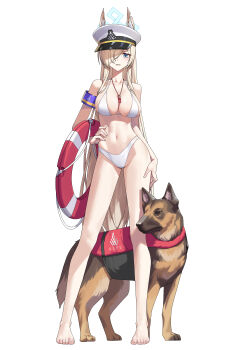1girl absurdres alfie_(tmdals7645) alternate_costume animal animal_ears armband bare_shoulders barefoot bikini blonde_hair blue_archive blue_armband breasts cleavage collar commentary_request dog full_body german_shepherd hair_over_one_eye halo hand_on_own_hip hat highres jewelry kanna_(blue_archive) large_breasts lifebuoy long_hair looking_at_viewer navel necklace neutral_face parted_lips peaked_cap police_hat purple_armband red_collar side-tie_bikini_bottom simple_background standing stomach swim_ring swimsuit teeth thighs very_long_hair whistle white_background white_bikini