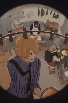 3boys apron beard cooking crossover dungeon_meshi dwarf facial_hair fake_horns fish_food from_above gokushufudou helmet highres horned_helmet horns kitchen long_beard looking_at_another male_focus multiple_boys mustache one_piece restaurant sanji_(one_piece) sannuiz scrambled_egg senshi_(dungeon_meshi) sunglasses sweatdrop tatsu_(gokushufudou) thick_mustache very_long_beard