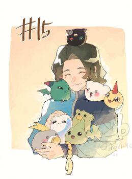 Rule 34 | 1boy, black hair, blue jacket, bommon, character request, closed eyes, commentary request, digimon, digimon beatbreak, episode number, group picture, highres, horns, jacket, korean commentary, male focus, petitmon, poyomon, sawashiro kyo, shen7094, single horn, upper body