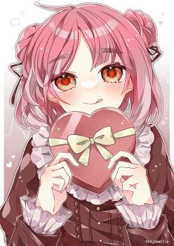 Rule 34 | 1girl, :p, alternate costume, border, bow, box, brown dress, closed mouth, double bun, dress, frilled sleeves, frills, grey background, hair bun, hair ornament, heart, heart-shaped box, heart-shaped pupils, highres, lacey (pokemon), long sleeves, looking at viewer, nintendo, orange eyes, pink hair, pokemon, pokemon sv, red pupils, short hair, simple background, solo, symbol-shaped pupils, to camellia, tongue, tongue out, upper body, white border, yellow bow