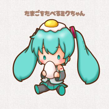1girl absurdres aqua_eyes aqua_hair chibi chibi_only commentary_request egg food food_on_head fried_egg full_body hatsune_miku highres holding holding_egg long_hair object_on_head sh1n_chan sitting solo twintails vocaloid