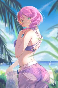 1girl absurdres alisa_boskonovich ass beach bikini cloud cloudy_sky from_behind green_eyes highres lag_(wo76_a) medium_hair namco ocean palm_tree pink_hair purple_bikini see-through_clothes see-through_skirt skirt sky swimsuit tekken tekken_6_(bloodline_rebellion) tekken_7 tekken_8 tekken_blood_vengeance tekken_tag_tournament_2 tree