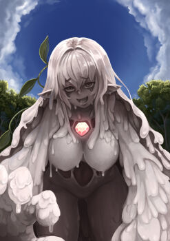 1girl :d artist_name barbariank blue_sky breasts cleavage cloud core day dorome_(monster_girl_encyclopedia) earth_elemental elemental_(creature) female_focus from_below gem glowing grey_eyes grey_hair groin hair_between_eyes half-closed_eyes hanging_breasts highres kneeling large_breasts leaf legs_apart long_hair looking_at_viewer monster_girl monster_girl_encyclopedia mud naughty_face open_mouth outdoors oversized_forearms oversized_limbs plant pointy_ears signature sky slime_girl smile solo tree vines