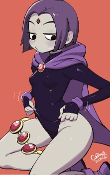 1girl adjusting_clothes black_leotard blush breasts cape cloak colo_(nagrolaz) colored_skin dc_comics forehead_jewel grey_skin highleg highres large_breasts leotard looking_at_viewer multiple_girls purple_cape purple_cloak purple_eyes purple_hair raven_(dc) short_hair sleeved_leotard small_breasts solo teen_titans thighs