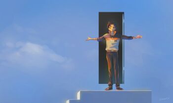 1boy black_hair blue_background closed_mouth commentary decepticon door english_commentary highres illusion jacket looking_at_viewer movie_reference natsuki_subaru on_stairs re:zero_kara_hajimeru_isekai_seikatsu short_hair signature simple_background sobad_n solo_focus stairs the_truman_show track_jacket track_suit