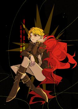 05_soleil 1girl absurdres black_shirt blonde_hair boots don_quixote_(project_moon) elbow_on_knee epaulettes expressionless feather_boa full_body hand_on_own_chin head_rest highres knees_up limbus_company pantyhose project_moon puppet_strings red_eyes sancho_(project_moon) shirt short_hair single_epaulette solo translation_request white_pantyhose