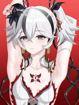 1girl absurdres armpits arms_up black_flower black_ribbon blake_bloom_(wuthering_waves) blue_eyes breasts camellya_(wuthering_waves) closed_mouth collar collarbone commentary_request earrings flower gold_earrings hair_between_eyes hair_flower hair_ornament hair_ribbon has_bad_revision has_downscaled_revision highres jewelry looking_at_viewer md5_mismatch partial_commentary portrait presenting_armpit red_background red_pupils red_ribbon resolution_mismatch ribbon short_hair short_twintails small_breasts smile solo source_smaller tacet_mark_(wuthering_waves) twintails utim white_collar white_hair wuthering_waves