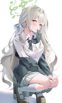 1girl absurdres black_bow black_bowtie black_jacket blazer blue_archive bow bowtie bowtie_in_mouth breasts brown_shoes button_gap collared_shirt commentary dress_shirt ekidona full_body green_halo grey_hair grey_skirt halo highres jacket jacket_partially_removed kneehighs looking_at_viewer mary_janes medium_breasts medium_skirt miyo_(blue_archive) pleated_skirt school_uniform shirt shoes skirt socks solo squatting white_shirt white_socks yellow_eyes
