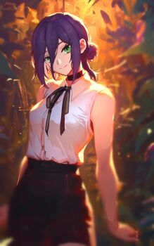 1girl absurdres black_choker black_ribbon black_shorts chainsaw_man choker closed_mouth collared_shirt commentary green_eyes hair_between_eyes hair_bun highres looking_at_viewer minestrongzzz neck_ribbon purple_hair reze_(chainsaw_man) ribbon shirt shirt_tucked_in shorts sleeveless sleeveless_shirt smile solo white_shirt
