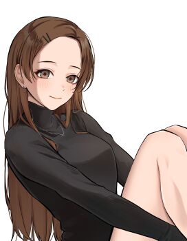 1girl absurdres black_shirt blush breasts brown_hair commentary_request daiko_(dai1974910) earrings feet_out_of_frame forehead highres idolmaster idolmaster_cinderella_girls jewelry knees_up long_hair long_sleeves looking_at_viewer medium_breasts necklace nitta_minami shirt simple_background smile solo straight_hair very_long_hair white_background