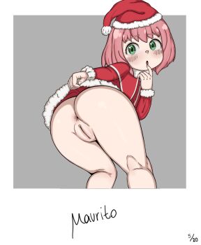 1girl absurdres anus anya_(spy_x_family) ass ass_focus blush bottomless christmas clothes_lift dress dress_lift female_focus finger_to_mouth green_eyes hat highres loli maurito pink_hair pussy santa_costume santa_dress santa_hat solo spy_x_family teasing thighs uncensored