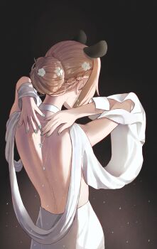 1girl absurdres animal_ears arms_up back back_focus backless_outfit black_background blonde_hair braid commentary detached_sleeves earrings english_commentary flower from_behind gradient_background green_nails hair_bun hair_flower hair_ornament half_up_braid highres indie_virtual_youtuber jewelry median_furrow nail_polish nimi_nightmare pyrokuro short_hair simple_background single_hair_bun skirt solo tapir_ears tapir_girl virtual_youtuber white_skirt