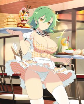 1girl apron black_ribbon blueberry bread bread_slice breasts brick_wall butter cake card chair chocolate cleavage clothes_lift cup dessert drink drinking_straw expressionless food fruit gluteal_fold green_hair groin hair_between_eyes hairband hikage_(senran_kagura) holding holding_tray huge_breasts ice_cream kiwi_(fruit) kiwi_slice lens_flare mango official_art omelet orange_(fruit) orange_slice pancake pancake_stack panties pantyshot parfait parfait_glass puffy_short_sleeves puffy_sleeves ribbon salad senran_kagura senran_kagura_new_wave senran_kagura_shoujo-tachi_no_shin&#039;ei short_hair short_sleeves skindentation skirt skirt_lift slit_pupils smoothie solo souffle_pancake standing strawberry syrup table thighhighs torn_apron torn_clothes tray underwear wafer_stick waitress white_apron white_panties white_thighhighs wind wind_lift yaegashi_nan yellow_eyes