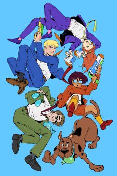 2girls 3boys animal blonde_hair blue_background blue_suit blush brown_hair commentary daphne_blake dog falling formal_clothes fred_jones full_body green_suit highres holding holding_water_gun long_hair looking_at_viewer multiple_boys multiple_girls necktie officeanomaly orange_hair purple_suit red_lips scooby-doo scooby-doo_(character) shaggy_rogers short_hair simple_background smile socks suit sunglasses symbol-only_commentary velma_dinkley water_gun