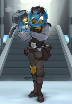 1girl alien bianca_toyofuku blue_eyes blue_skin boots brown_boots brown_pants colored_skin full_body highres pants shirt signature solo stairs standing star_wars twi&#039;lek white_shirt