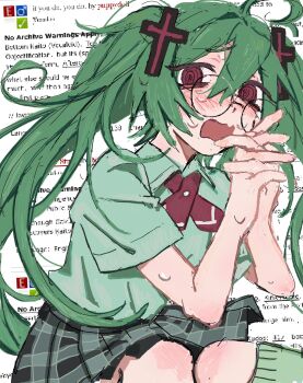 Rule 34 | 1girl, @ @, ahoge, archive of our own, blush, collared shirt, commentary, confessions of a rotten girl (vocaloid), cross hair ornament, english commentary, glasses, green hair, hair ornament, hatsune miku, highres, interlocked fingers, long hair, moosaicc, open mouth, own hands together, purple eyes, round eyewear, school uniform, shirt, skirt, solo, sweat, twintails, very long hair, vocaloid, white shirt