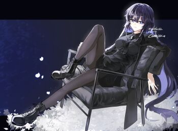 Rule 34 | 1girl, black boots, black coat, black necktie, black pantyhose, black shirt, black skirt, blue eyes, blue hair, boots, chair, coat, commentary, commission, highres, honkai (series), honkai impact 3rd, long hair, looking at viewer, munji412, necktie, on chair, pantyhose, seele vollerei, seele vollerei (herrscher of rebirth), shirt, skirt, solo, symbol-only commentary, thighs, twitter username, very long hair