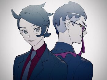 Rule 34 | 2boys, black hair, black jacket, closed mouth, collared shirt, commentary request, corbeau (pokemon), formal clothes, grey eyes, grey necktie, highres, jacket, lapels, looking back, male focus, multiple boys, necktie, nintendo, notched lapels, open clothes, open jacket, parted hair, paxton (pokemon), pokemon, pokemon legends: z-a, red shirt, shirt, short hair, short sideburns, smile, suit jacket, teeth, upper body, urup zzz, wing collar