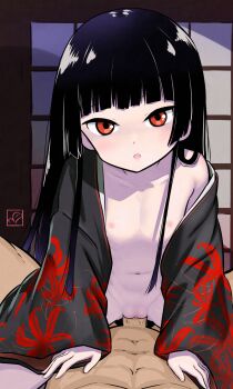 1boy 1girl absurdres artist_logo bad_tag black_hair black_kimono blush breasts clitoral_hood clitoris collarbone commission cowgirl_position elementary_(lolipope) enma_ai flat_chest flower flower_print girl_on_top hands_on_another&#039;s_chest happy happy_sex highres hime_cut japanese_clothes jigoku_shoujo kimono lips logo loli long_hair looking_at_viewer older_male_and_younger_female open_clothes open_kimono open_mouth pixiv_commission pov pussy pussy_juice red_eyes ribs screen_door sex small_breasts spider_lily straddling straight_hair vaginal visible_ribs